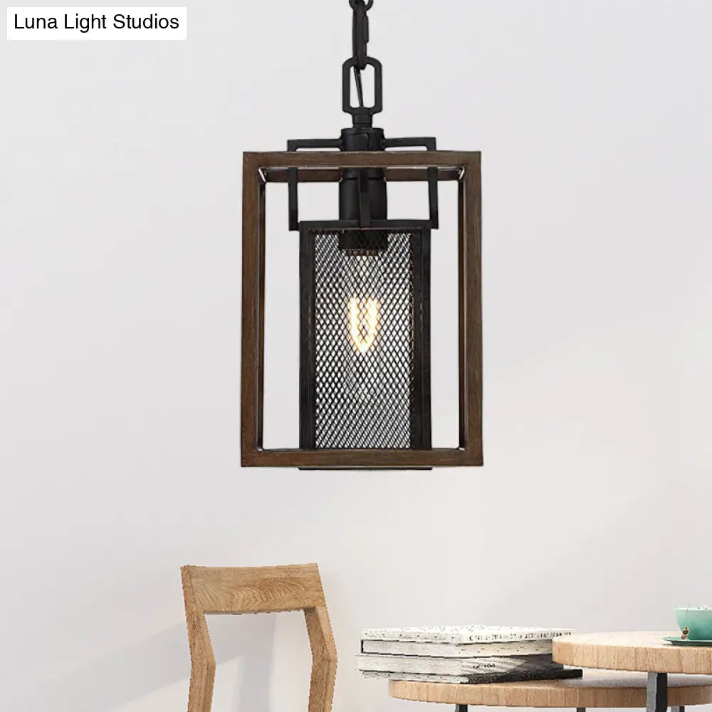 Vintage Black Mesh Screen Pendant Light With Metal Fixture And Rectangle Shade - Bedroom Hanging