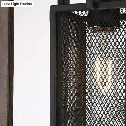 Vintage Black Mesh Screen Pendant Light With Metal Fixture And Rectangle Shade - Bedroom Hanging