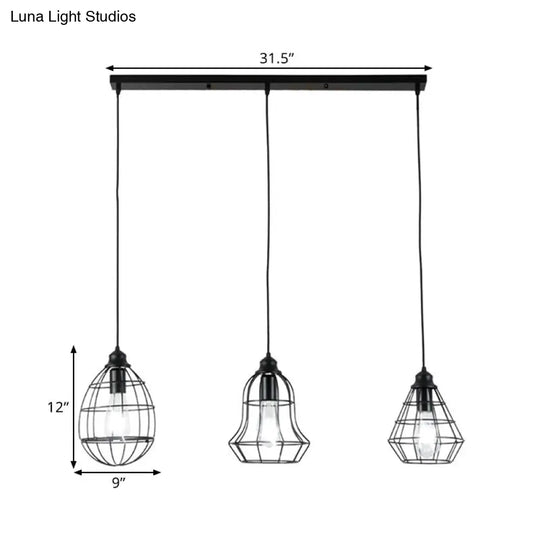 Vintage Black Metal Cage Pendant Lighting Set With 3 Unique Shades - Perfect For Coffee Shop
