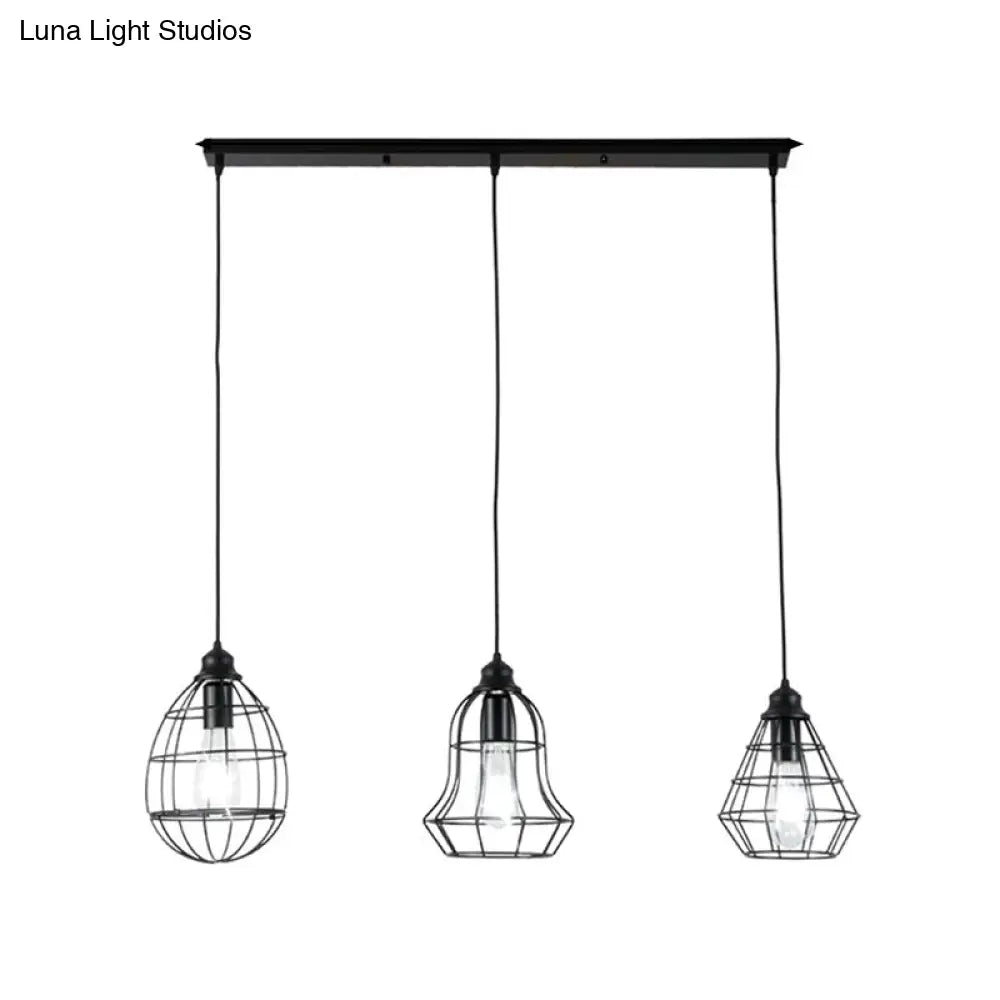 Vintage Black Metal Cage Pendant Lighting With 3 Different Shade Bulbs - Perfect For Coffee Shop
