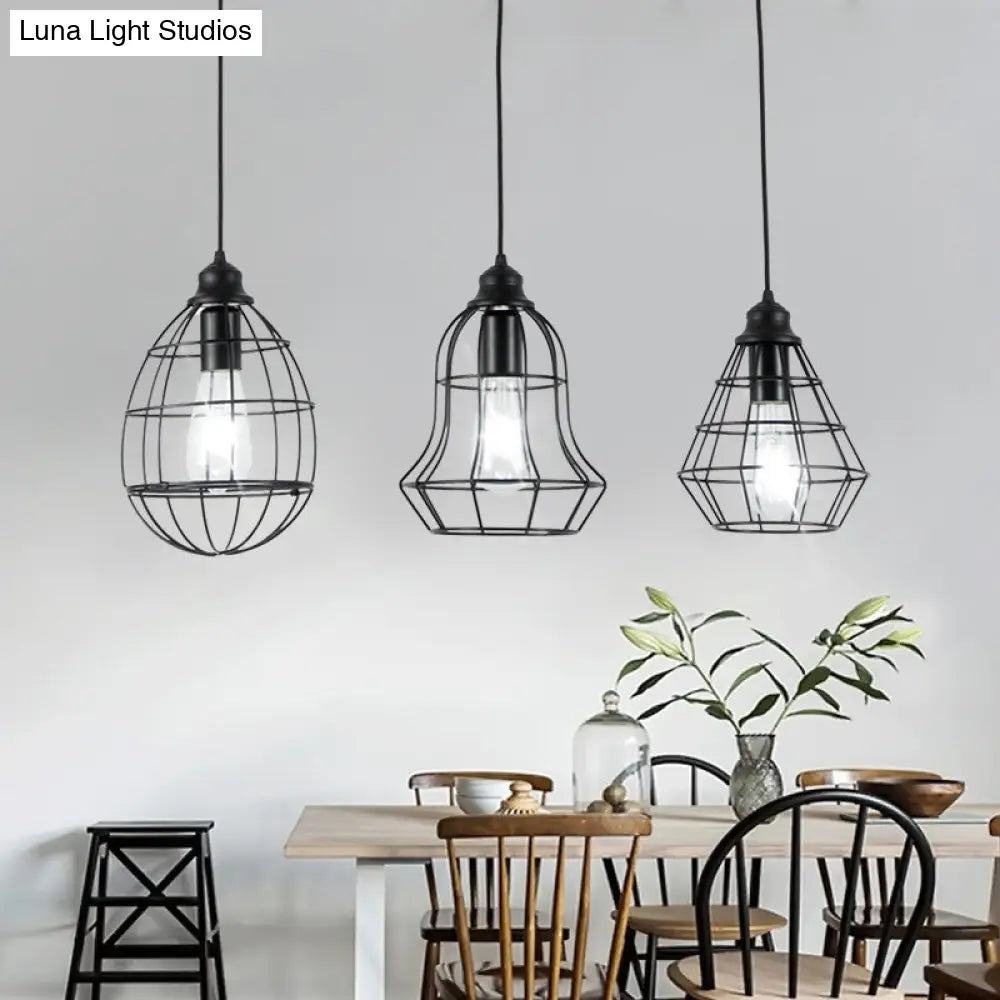 Vintage Black Metal Cage Pendant Lighting Set With 3 Unique Shades - Perfect For Coffee Shop