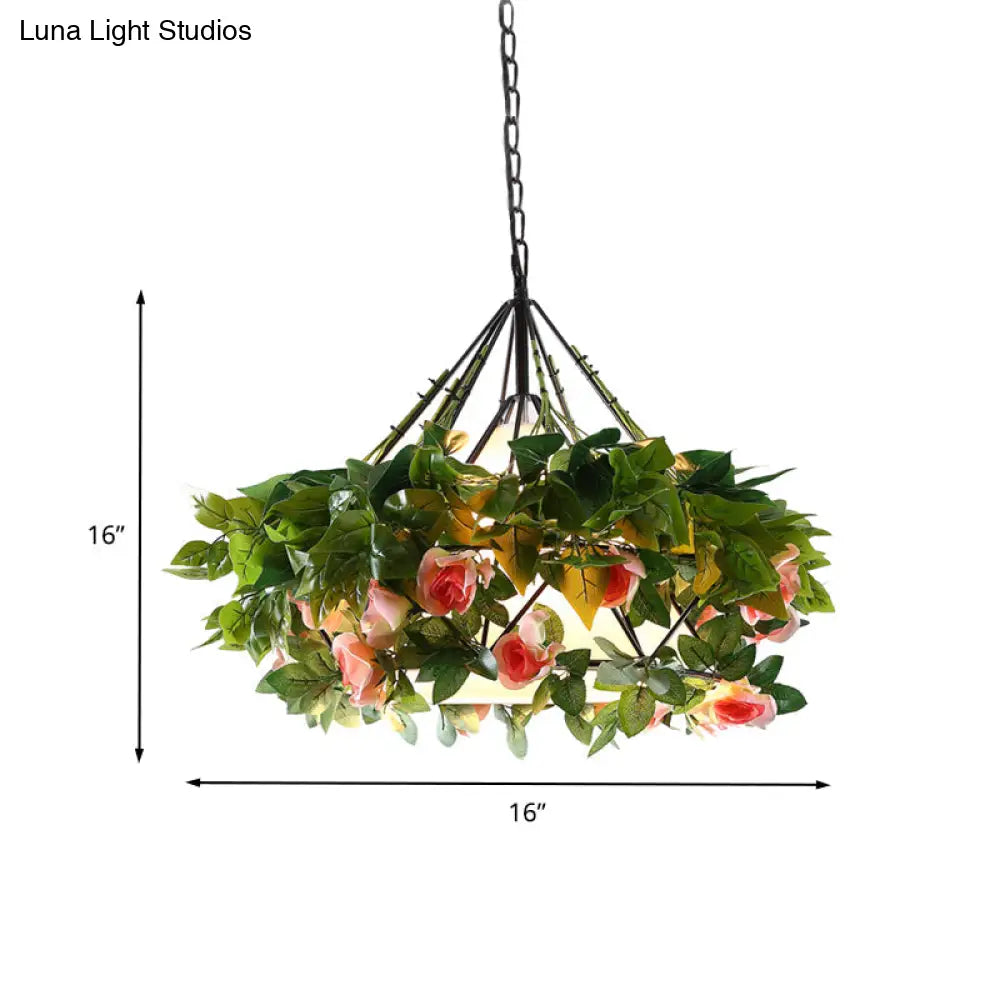 Vintage Black Metal Diamond Pendant Light - Led Flower Hanging Lamp For Restaurants Multiple Width