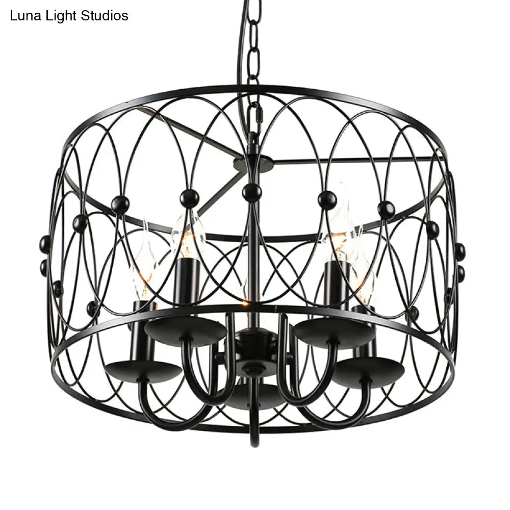 Vintage Black Metal Drum Hanging Light With Cage Shade - 6 Head Dining Room Chandelier Lamp