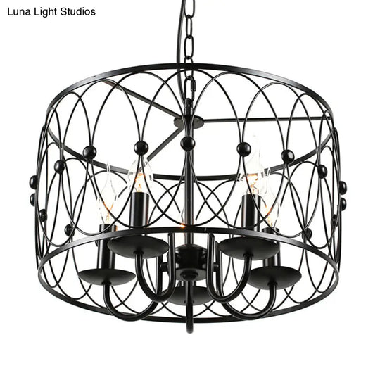 Vintage Style Black Drum Hanging Light With Metal Cage Shade - 6 Heads Dining Room Chandelier Lamp