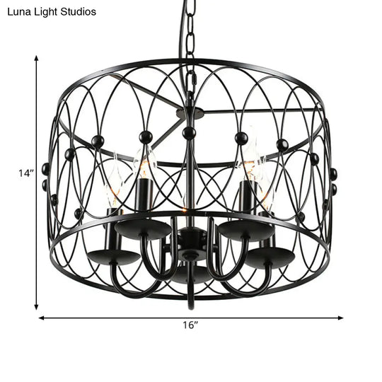 Vintage Style Black Drum Hanging Light With Metal Cage Shade - 6 Heads Dining Room Chandelier Lamp