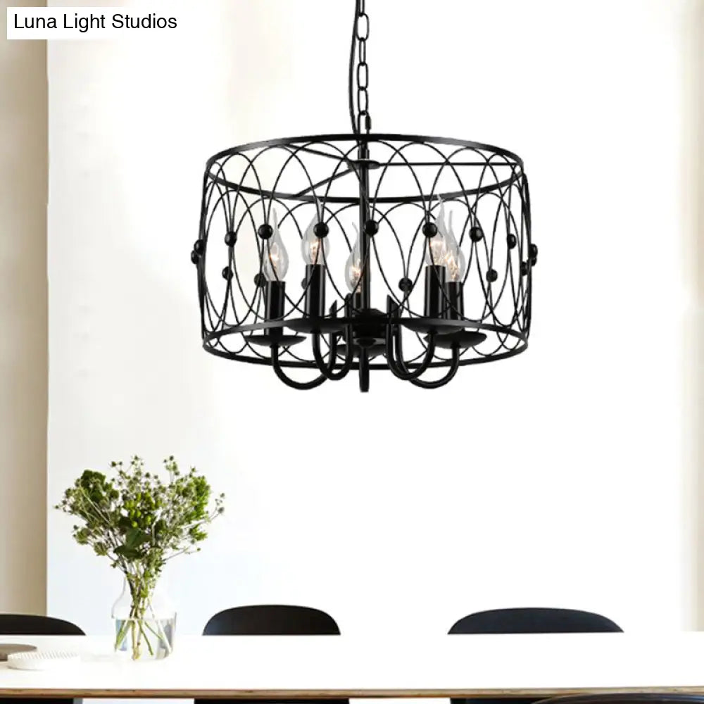 Vintage Style Black Drum Hanging Light With Metal Cage Shade - 6 Heads Dining Room Chandelier Lamp