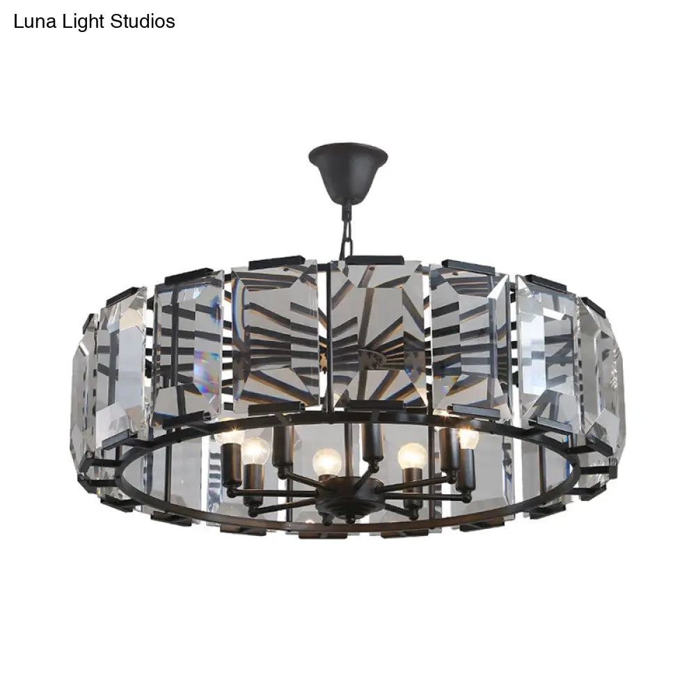 Vintage Black Metal Drum Shade Chandelier With Crystal Block - 18’ Diameter 5/8 Heads Hanging Lamp