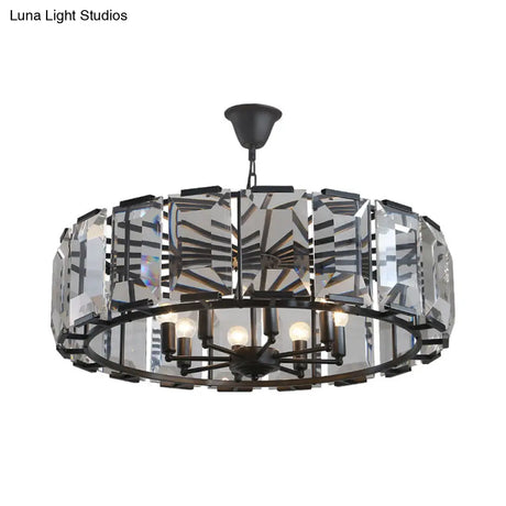 Vintage Black Metal Drum Shade Chandelier With Crystal Block - 18’ Diameter 5/8 Heads Hanging Lamp