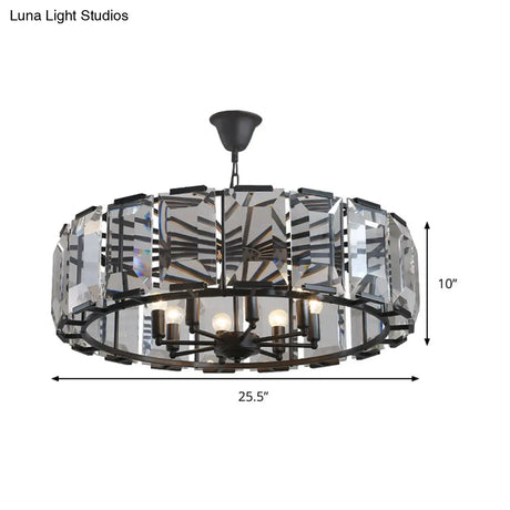 Vintage Black Metal Drum Shade Chandelier With Crystal Block - 18’ Diameter 5/8 Heads Hanging Lamp
