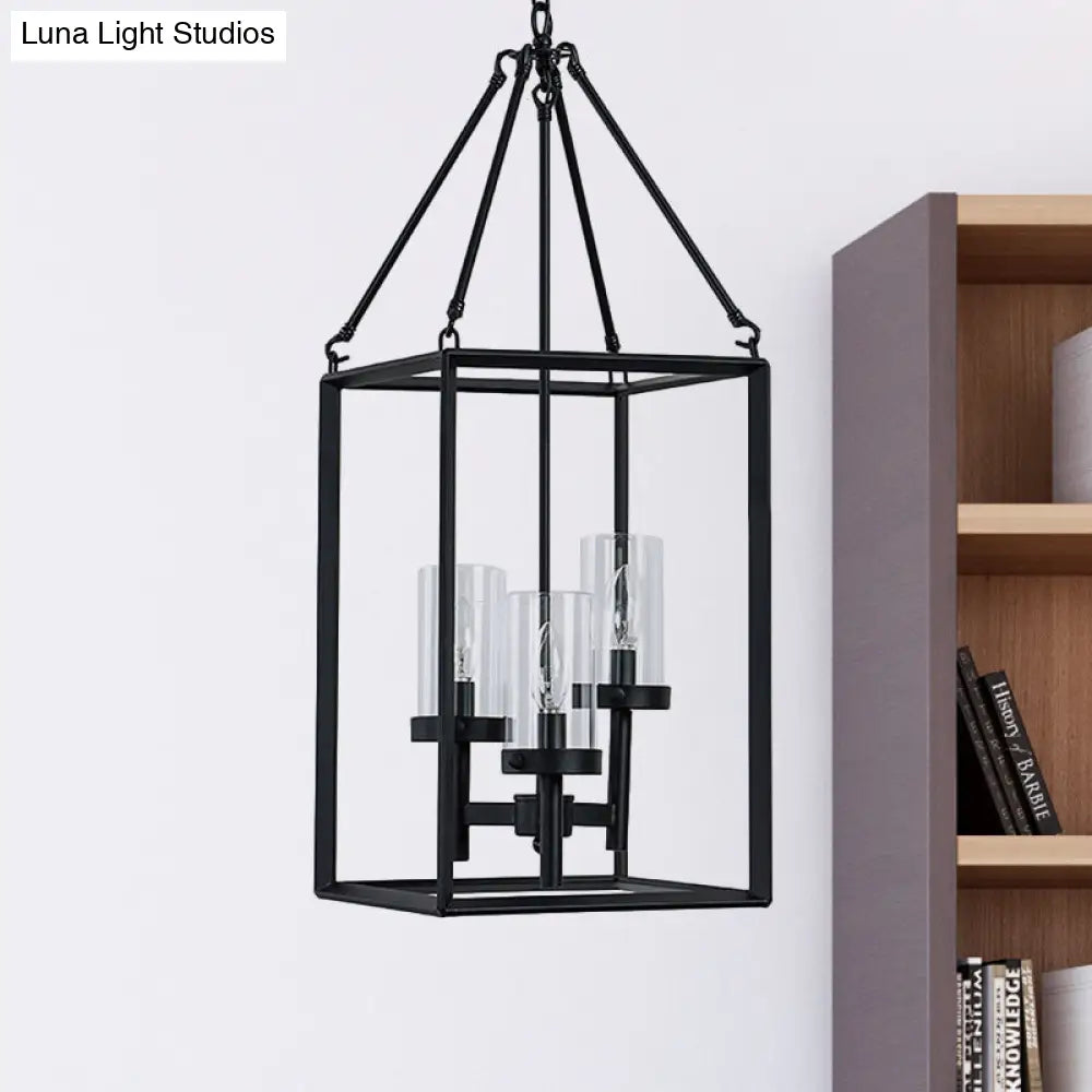 Vintage Black Metal Frame Pendant Chandelier With Clear Glass Candle Lights - 3-Light Ceiling