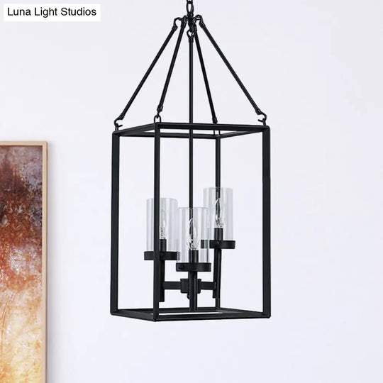 Vintage Black Metal Frame Pendant Chandelier With Clear Glass Candle Lights - 3-Light Ceiling