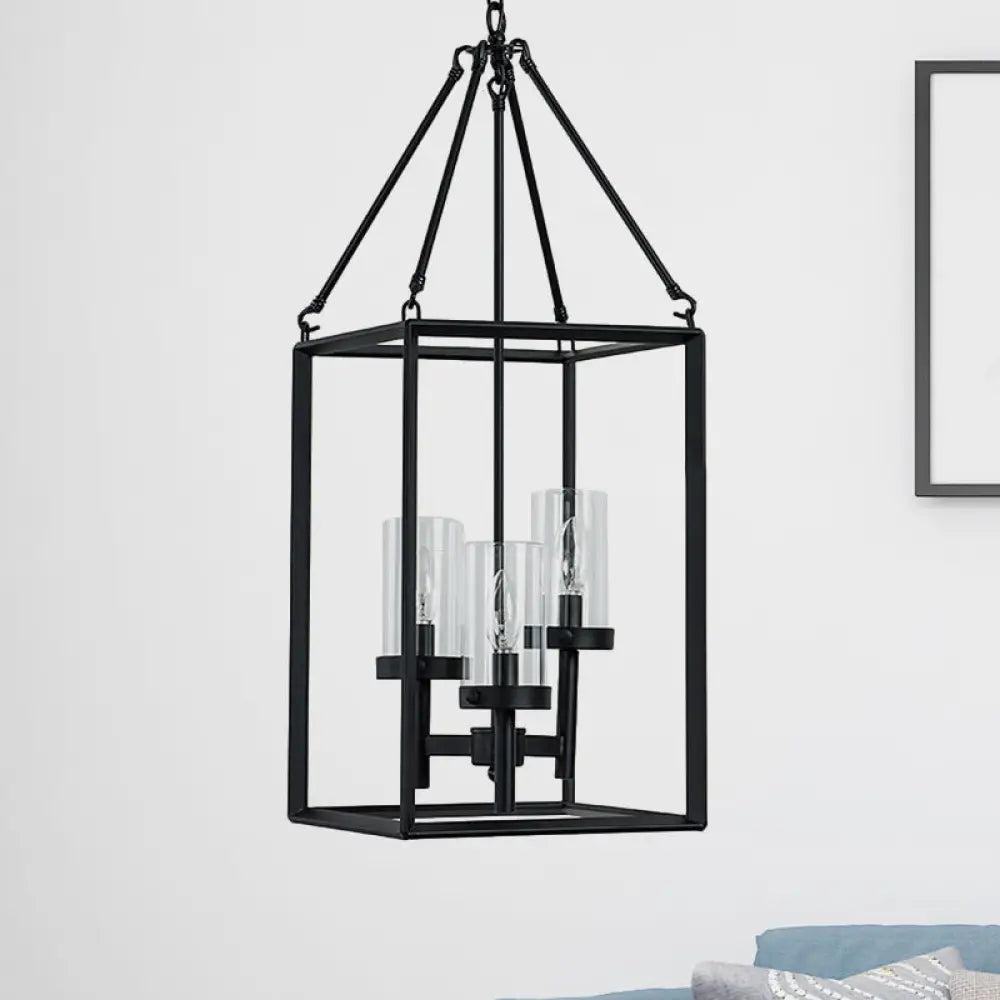 Vintage Black Metal Frame Pendant Chandelier With Clear Glass Candle Lights - 3-Light Ceiling