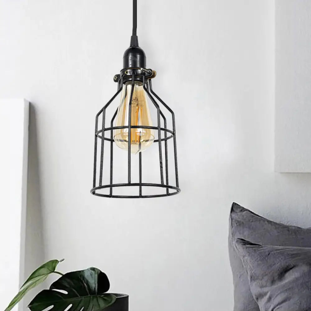 Vintage Black Metal Hanging Lamp - Single Light Cage Shade Pendant Lighting For Coffee Shop / 2