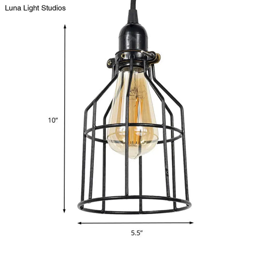 Vintage Black Metal Hanging Lamp - Single Light Cage Shade Pendant Lighting For Coffee Shop