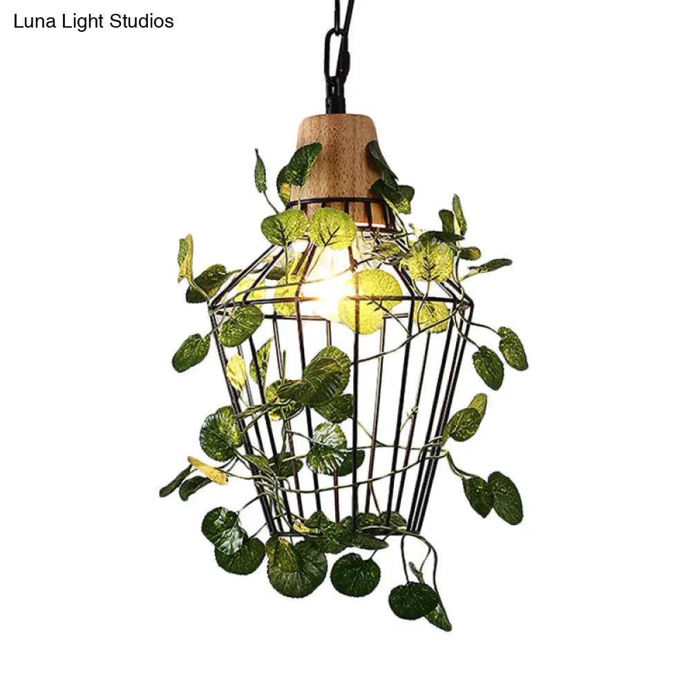 Vintage Black Metal Pendant Lamp With Led Bulb Cage For Restaurants And Plants