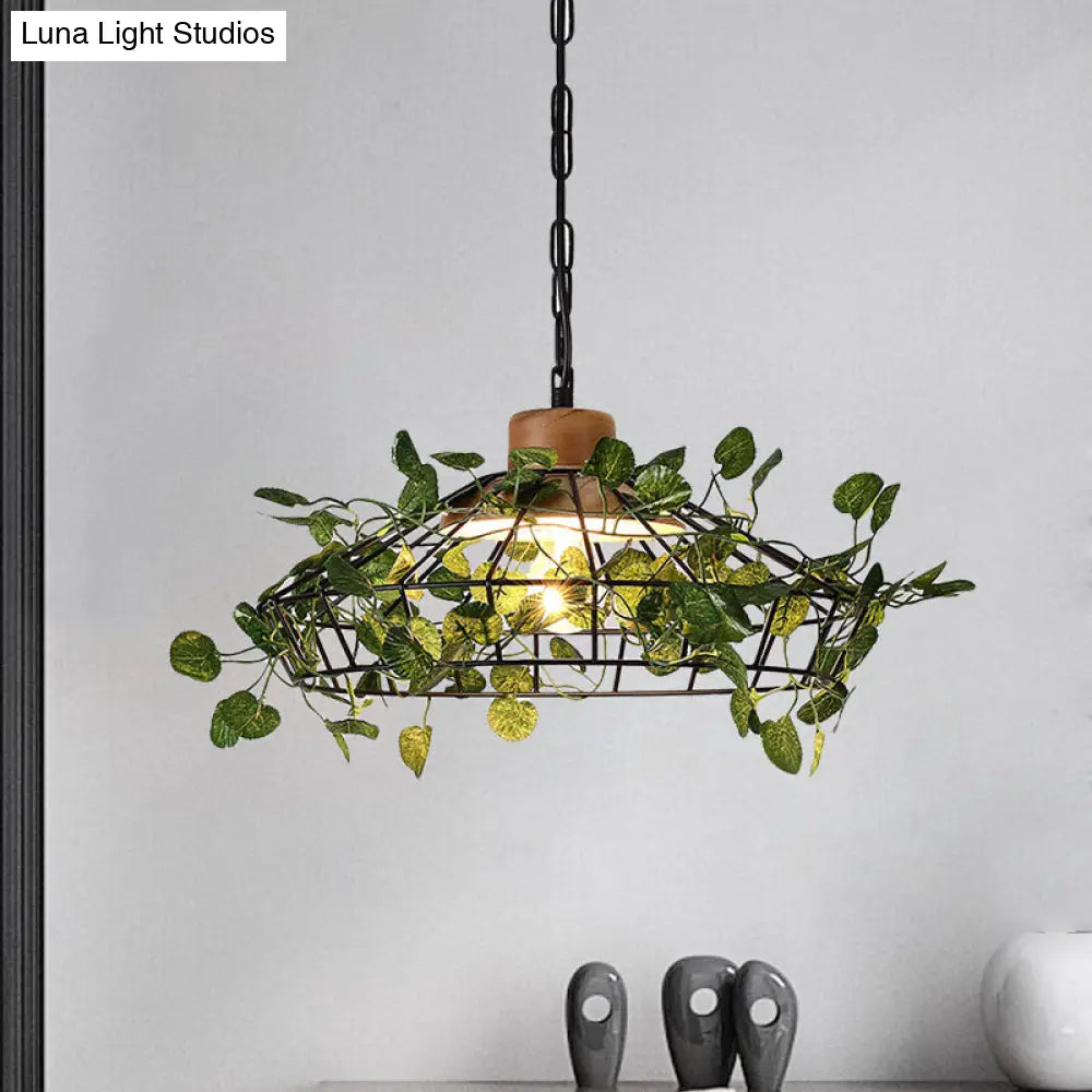 Vintage Black Metal Pendant Lamp With Led Bulb Cage For Restaurants And Plants / A