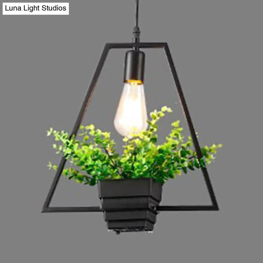 Vintage Style Black Metal Pendant Light With Planter And Frame - Triangle/Round Hanging Design For