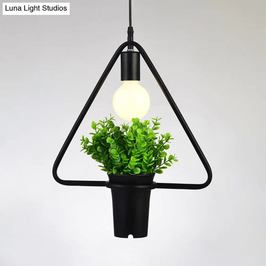 Vintage Style Black Metal Pendant Light With Planter And Frame - Triangle/Round Hanging Design For