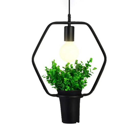 Vintage Black Metal Pendant Light With Planter And Frame For Kitchen / Hexagon