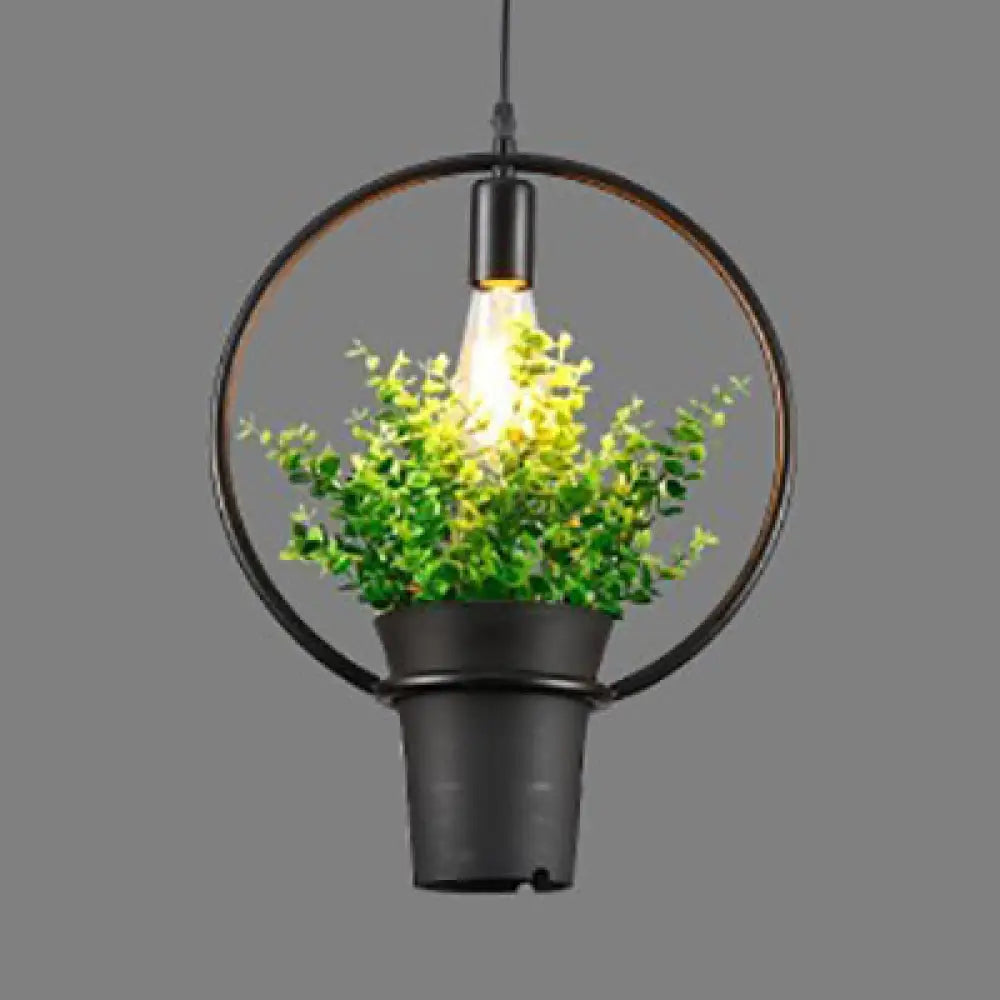 Vintage Black Metal Pendant Light With Planter And Frame For Kitchen / Round