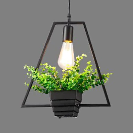 Vintage Black Metal Pendant Light With Planter And Frame For Kitchen / Trapezoid