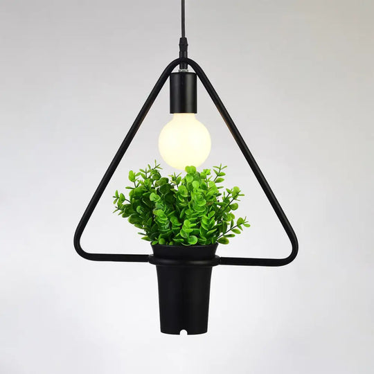 Vintage Black Metal Pendant Light With Planter And Frame For Kitchen / Triangle