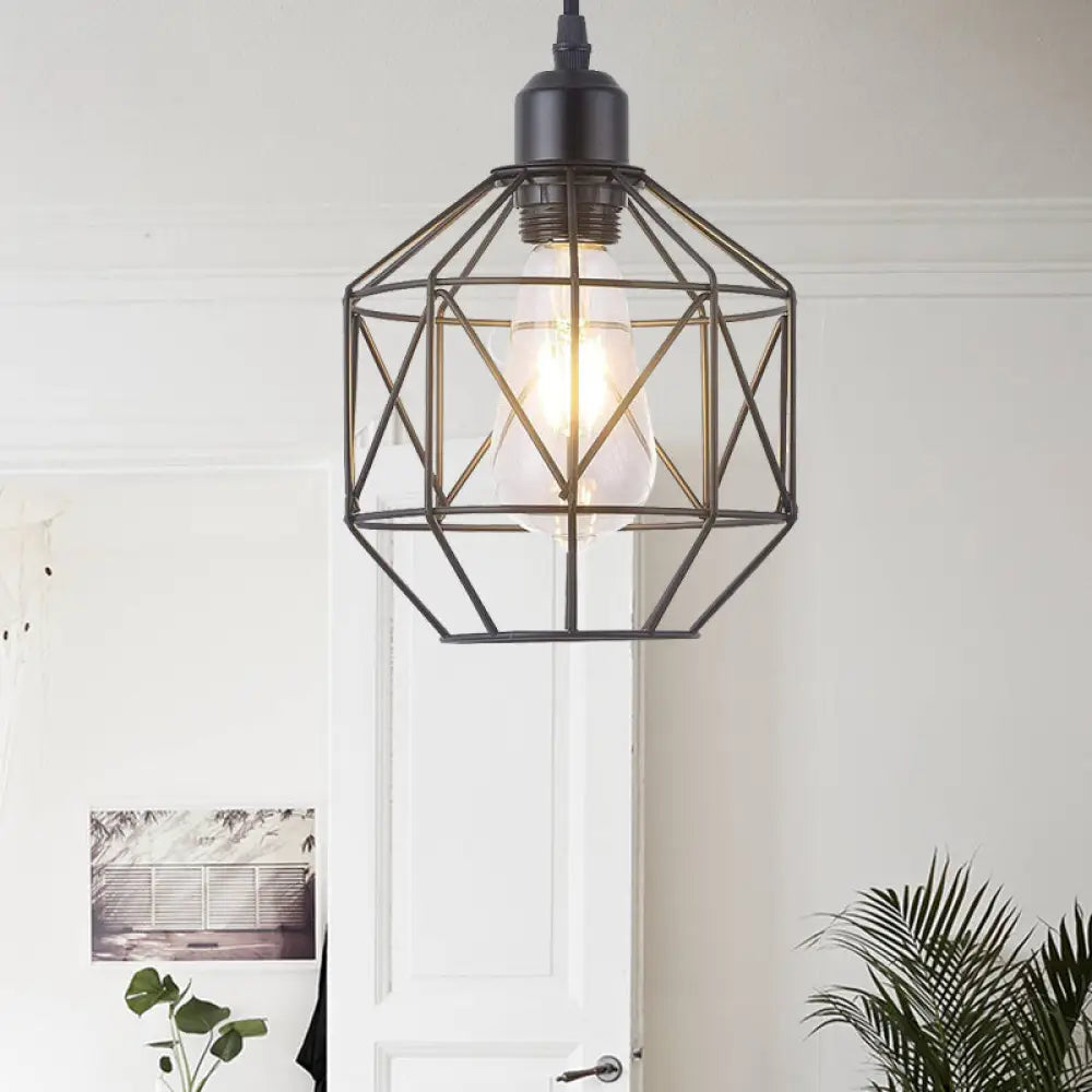 Vintage Black Metal Prism Cage Pendant Lamp - Ideal For Dining Room 1-Light Hanging Light Fixture