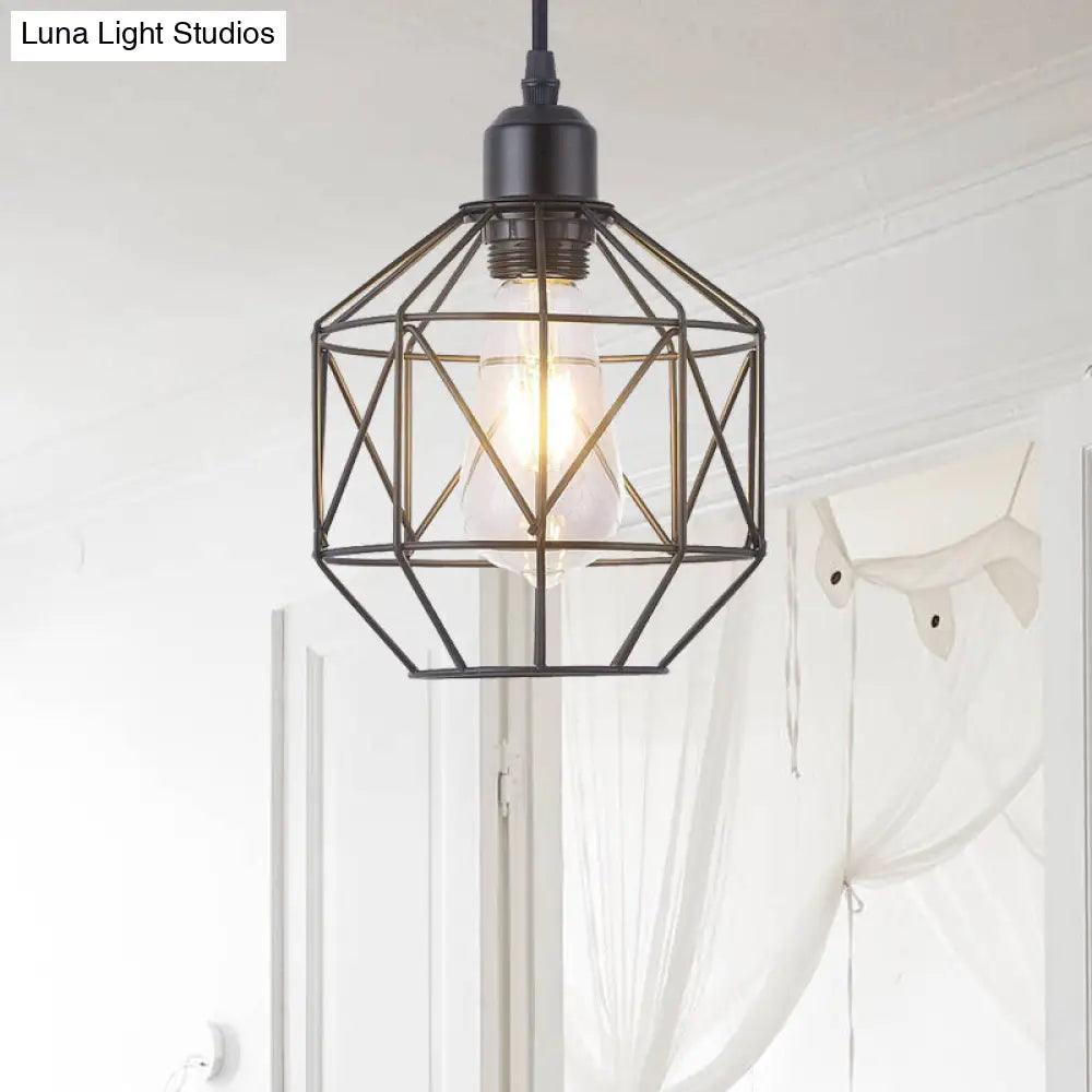 Vintage Black Metal Prism Cage Pendant Lamp For Dining Room