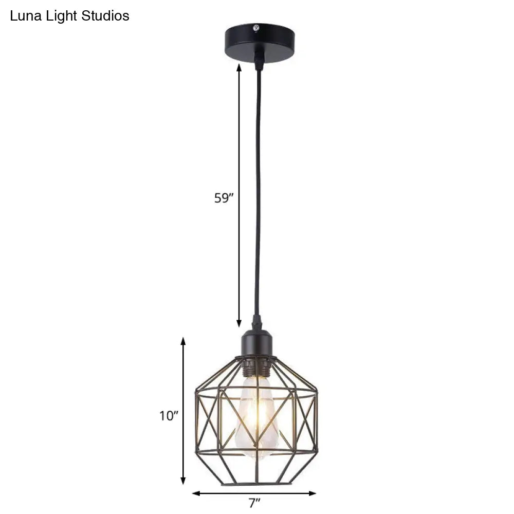 Vintage Black Metal Prism Cage Pendant Lamp - Ideal For Dining Room 1-Light Hanging Light Fixture