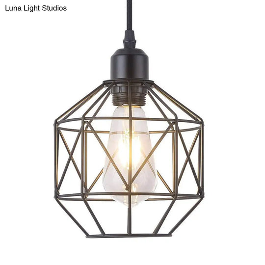 Vintage Black Metal Prism Cage Pendant Lamp - Ideal For Dining Room 1-Light Hanging Light Fixture