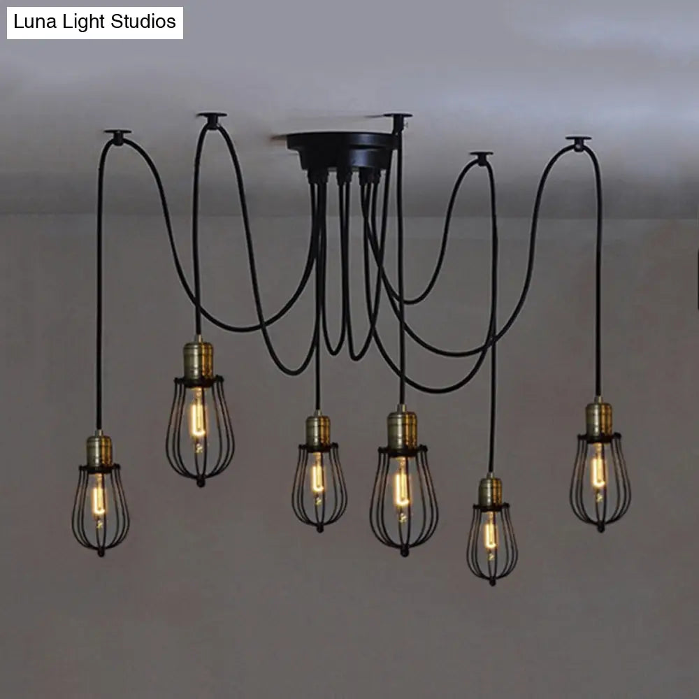 Vintage Black Spider Suspension Light With 6-Light Small Cage Shade - Kitchen Ceiling Fixture