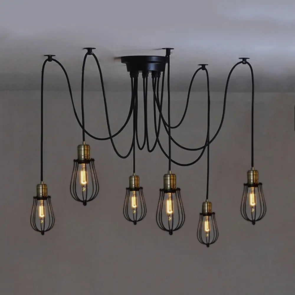 Vintage Black Metal Spider Suspension Light - 6-Light Ceiling Fixture With Small Cage Shade For