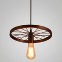 Vintage Black Metal Wagon Wheel Hanging Pendant Light For Coffee Shop Suspension 1 / Rust
