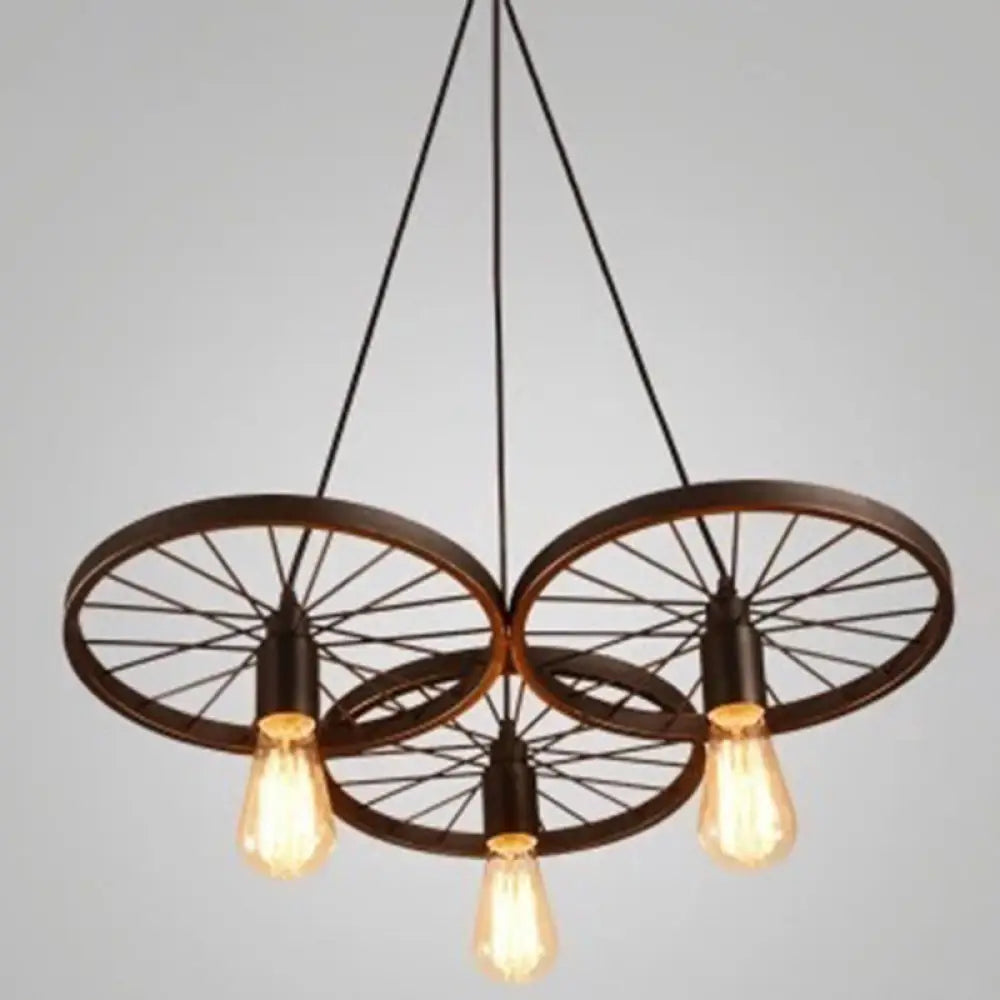 Vintage Black Metal Wagon Wheel Hanging Pendant Light For Coffee Shop Suspension 3 / Matte