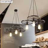 Vintage Black Metal Wagon Wheel Hanging Pendant Light For Coffee Shop Suspension