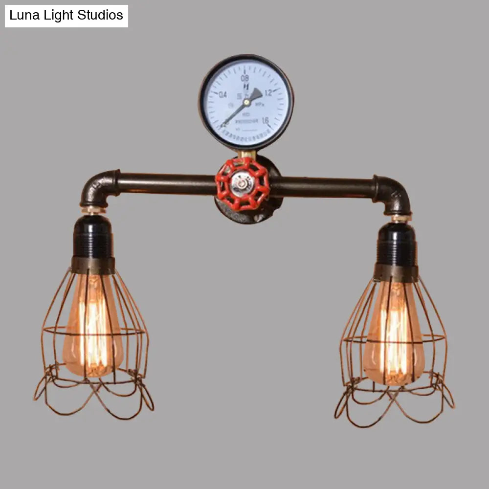 Vintage Black Metal Wall Light With Wire Frame Mount - Includes 2 Bulbs And Pressure Gauge Deco