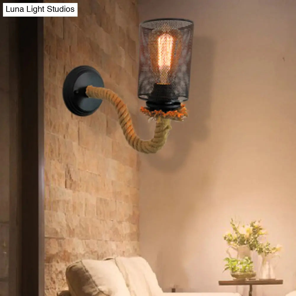 Vintage Black Metal Wall Sconce With Rope Arm - 1-Light Dining Room Lighting Fixture