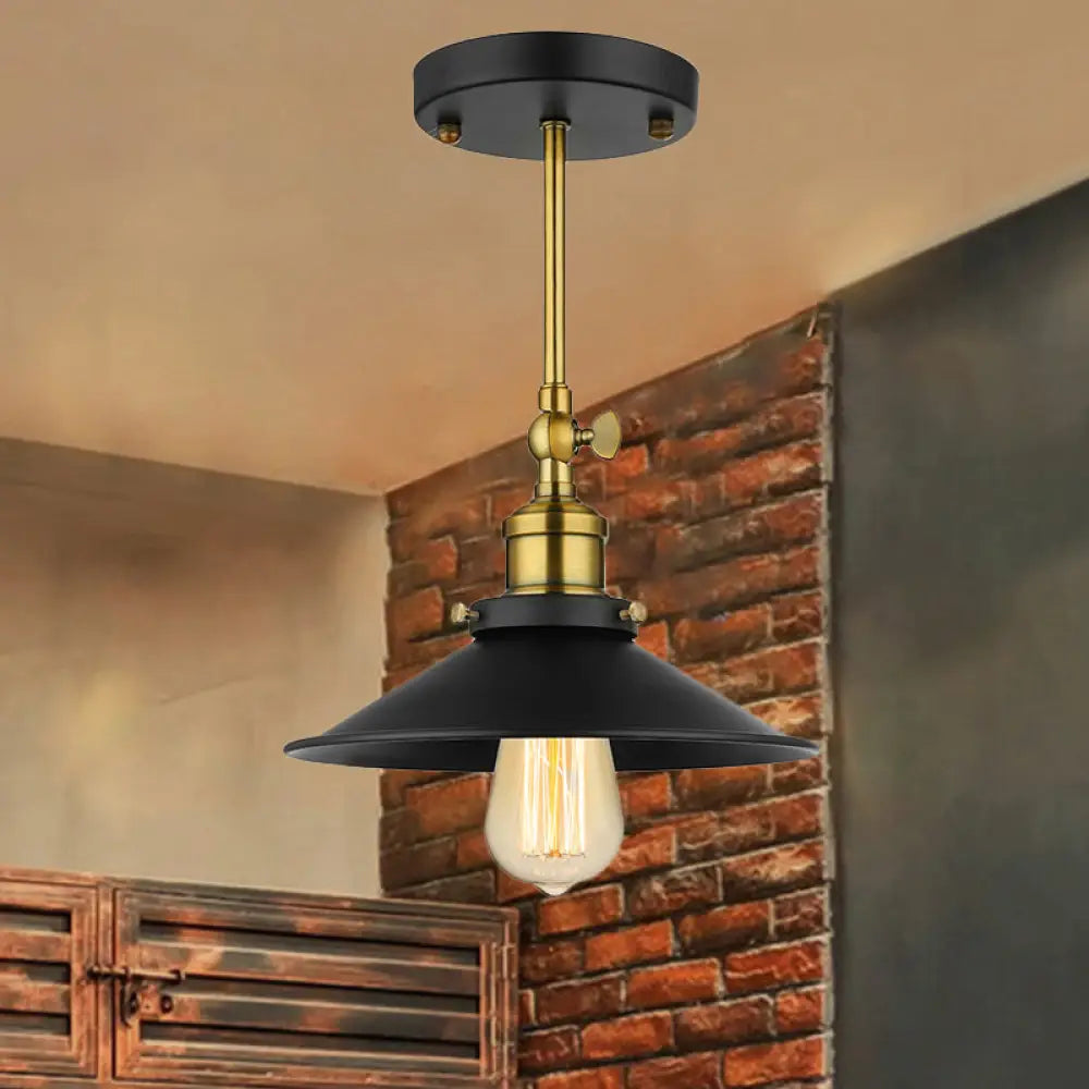 Vintage Black Metallic Semi - Flush Ceiling Light With Conical Bulb For Dining Room