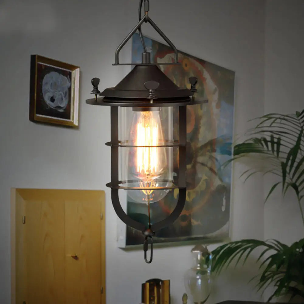 Vintage Black Pendant Light With Clear Glass Capsule And Cage For Dining Room