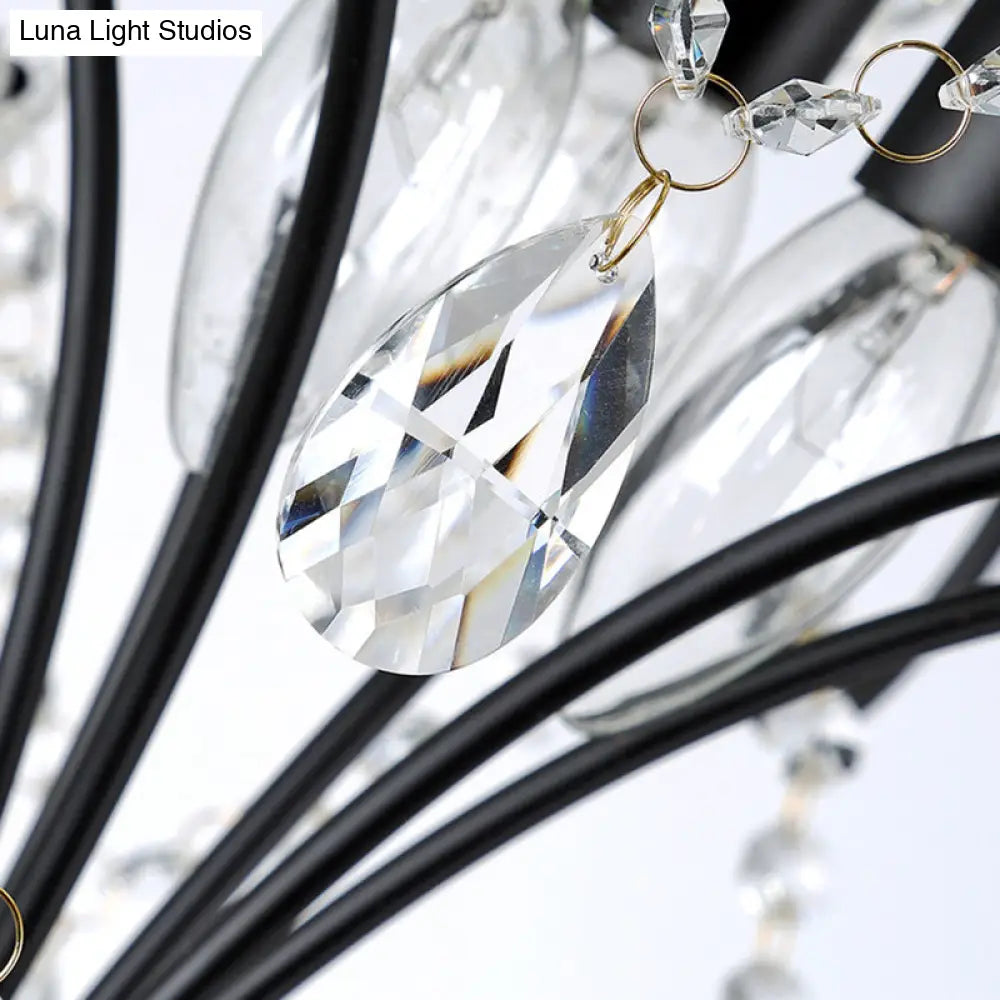 Vintage Black Pendant Light With Crystal Accents - Curve Arm Iron Suspension 3 Lights