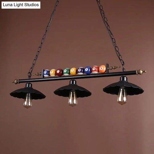 Vintage Black Pool Table Light With Scalloped Design 2/3-Light & Billiard Ball Decoration