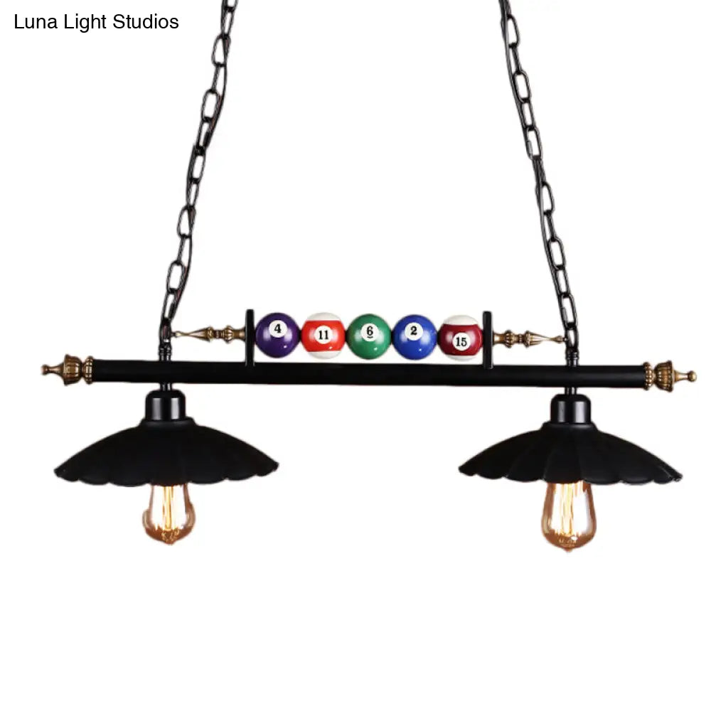 Vintage Black Pool Table Light With Scalloped Design 2/3-Light & Billiard Ball Decoration