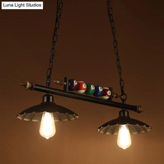 Vintage Black Pool Table Light With Scalloped Design 2/3-Light & Billiard Ball Decoration