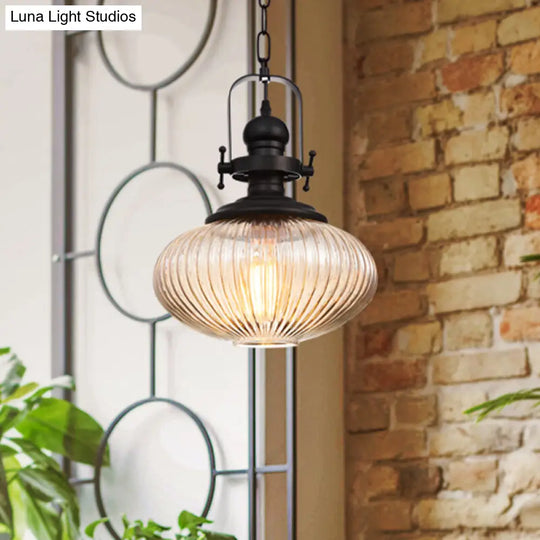 Vintage Clear Ribbed Glass Pendant Ceiling Light - Ovale/Drum Design 1 Head Black