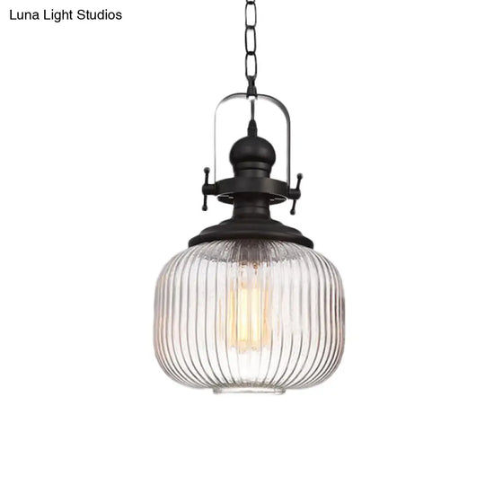 Vintage Clear Ribbed Glass Pendant Ceiling Light - Ovale/Drum Design 1 Head Black