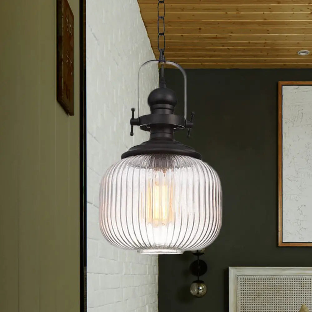 Vintage Black Ribbed Glass Pendant Ceiling Light – Ovale/Drum Style / B