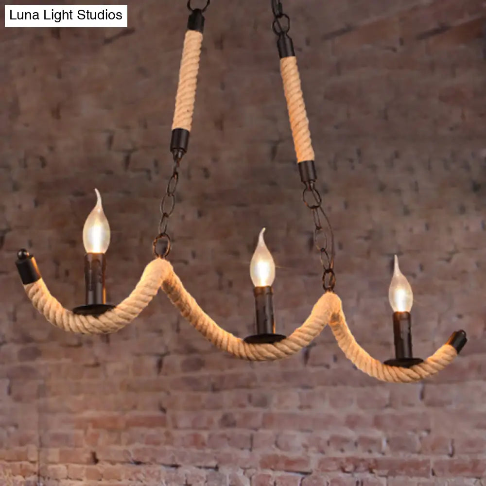 Vintage Black Rope Pendant Light Fixture - 3-Light Candle Island Lamp For Dining Room