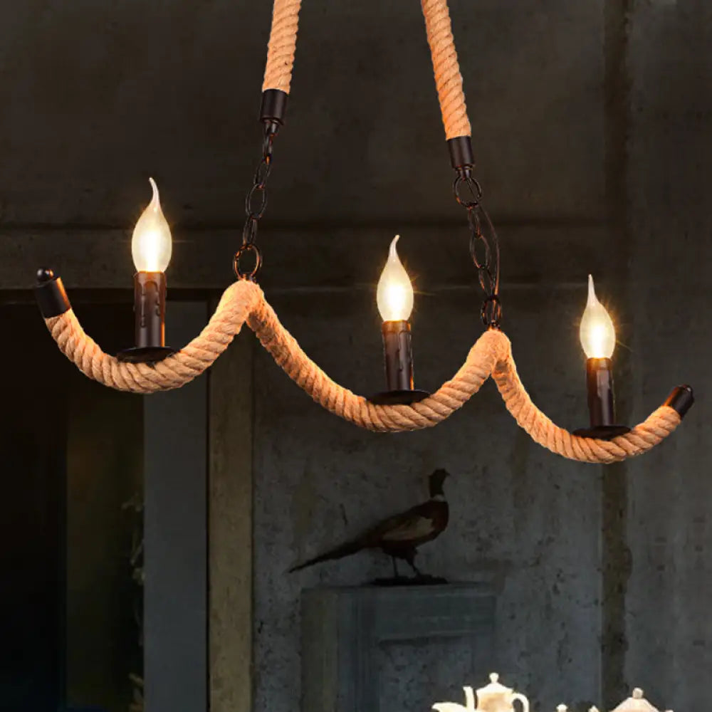 Vintage Black Rope Pendant Light Fixture - 3-Light Candle Island Lamp For Dining Room