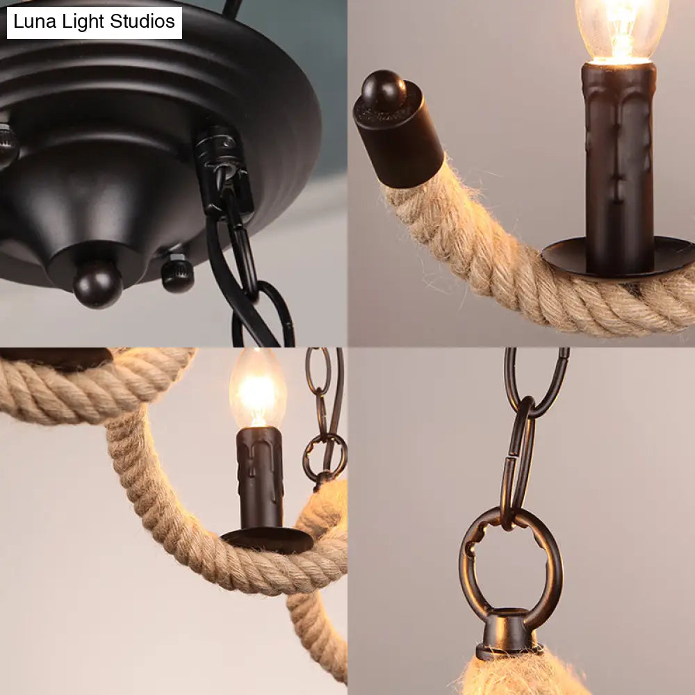 Vintage Black Rope Pendant Light Fixture - 3-Light Candle Island Lamp For Dining Room