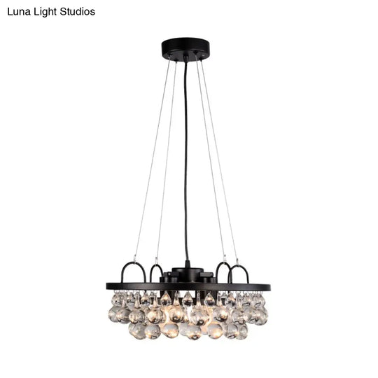 Vintage Black Round Metal Chandelier Light - 4-Light Hanging Fixture With Waterdrop Crystal Drop